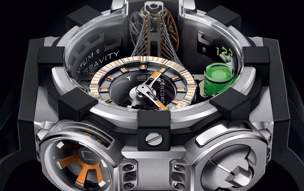 2. Concord C1 Quantum Gravity Tourbillon: Concord C1 Quantum Gravity Tourbillon ra mắt năm 2008 với thiết kế tương lai, tích hợp tourbillon bên ngoài vỏ và các hạt nano phát quang để hiển thị mức năng lượng. Phiên bản C1 Tourbillon POP Gravity Collector được phát hành với vỏ titan và các mặt số màu sắc sống động, tạo nên sự kết hợp độc đáo giữa thẩm mỹ và công nghệ.