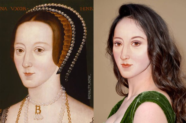 1. Anne Boleyn (1501/1507 – 19 tháng 5, 1536) là vợ thứ hai của Vua Henry VIII của Anh. Bà trở thành Vương hậu nước Anh từ năm 1533 đến khi bị Henry VIII hạ lệnh xử tử. Cuộc hôn nhân và vụ án phản nghịch của Anne đã tạo nên những biến động chính trị và tôn giáo trong Cuộc cải cách Anh. Hình ảnh Anne Boleyn sau khi được phục dựng bằng AI (trí tuệ nhân tạo).