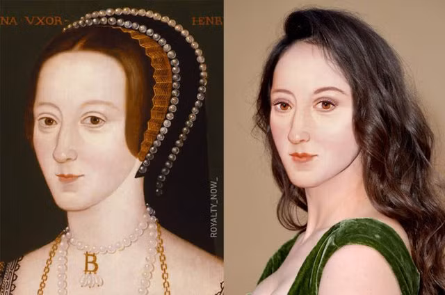 1. Anne Boleyn (1501/1507 – 19 tháng 5, 1536) là vợ thứ hai của Vua Henry VIII của Anh. Bà trở thành Vương hậu nước Anh từ năm 1533 đến khi bị Henry VIII hạ lệnh xử tử. Cuộc hôn nhân và vụ án phản nghịch của Anne đã tạo nên những biến động chính trị và tôn giáo trong Cuộc cải cách Anh. Hình ảnh Anne Boleyn sau khi được phục dựng bằng AI (trí tuệ nhân tạo).