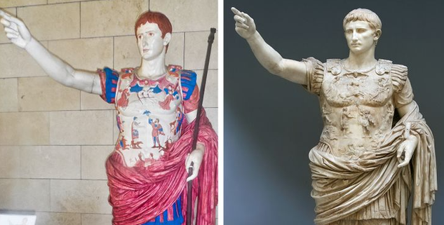 Tuy nhiên, ban đầu chúng được sơn nhiều màu sắc rực rỡ. Theo thời gian, các màu sắc này đã bị phong hóa và loại bỏ trong quá trình làm sạch. Một số tàn dư màu sắc vẫn còn lại, giúp chúng ta hình dung được vẻ đẹp ban đầu của chúng.