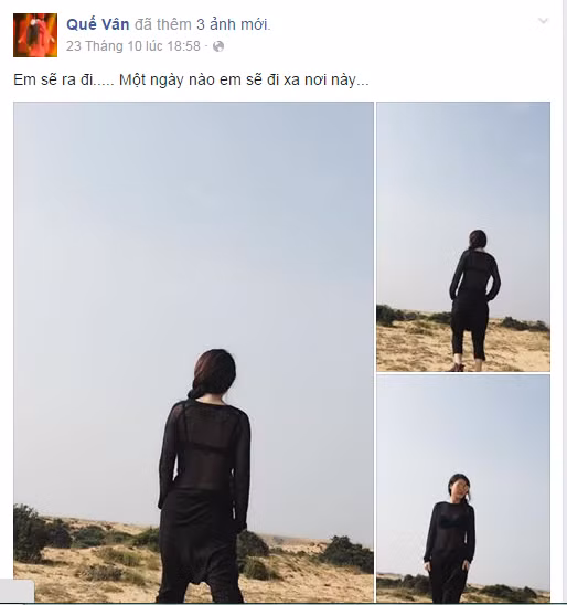 Trước khi sự việc bất ngờ này xảy ra, ca sĩ Quế Vân cũng có một thời gian liên tục đăng tải những dòng status rất tâm trạng, buồn bã và những câu nói rất khó hiểu.