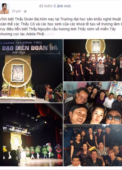 Còn nhớ, cuối tháng 8/2016, nữ danh hài đến viếng đám tang đạo diễn Đoàn Bá. Trên trang cá nhân, Thúy Nga cũng chia sẻ hình ảnh kèm lời tâm sự vĩnh biệt người thầy của mình. Ảnh: Vietnamnet