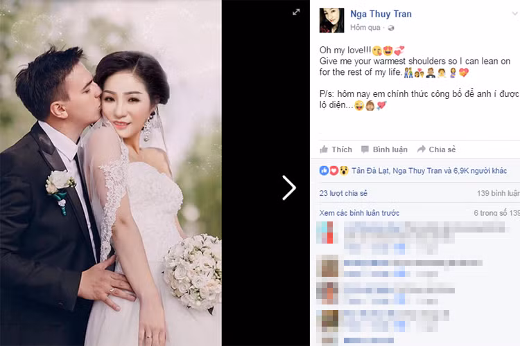 Cô còn chú thích thêm: “Oh my love! Give me your warmest shoulders so I can lean on for the rest of my life. (Tạm dịch: Ôi tình yêu của em! Hãy cho em bờ vai ấm áp để em có thể dựa vào). Hôm nay em chính thức công bố để anh ý được lộ diện”. Ảnh: FBNV