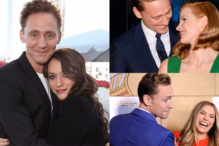Hiddleston còn vướng tin đồn phim giả tình thật với các bạn diễn xinh đẹp Kat Dennings (trái), Jessica Chastain và Elizabeth Olsen (ảnh dưới bên phải). (Ảnh: Dân Việt)
