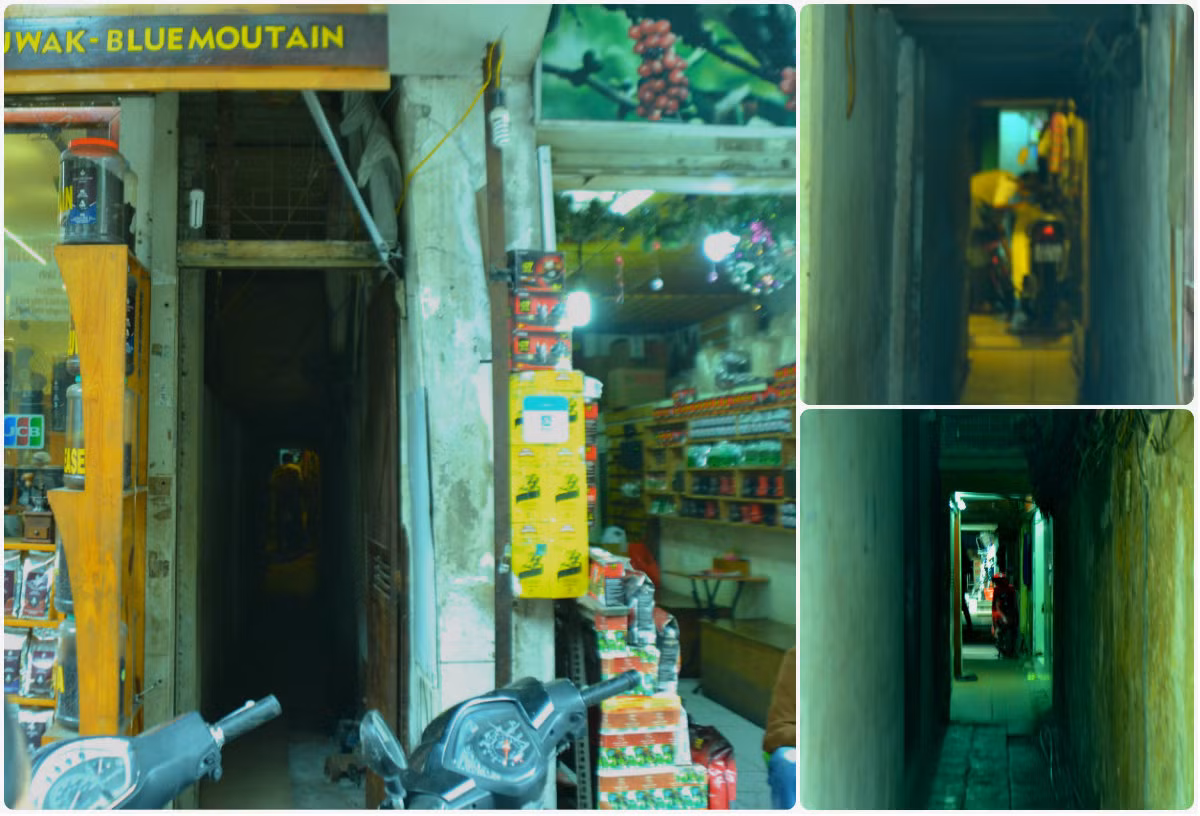 Nhiều ngõ không tên ngoắt ngoéo, chật hẹp và tưởng chừng chỉ cần một chiếc xe máy đi cũng đã đủ choán cả lối đi. Trong ảnh là ngõ 101 Hàng Buồm.