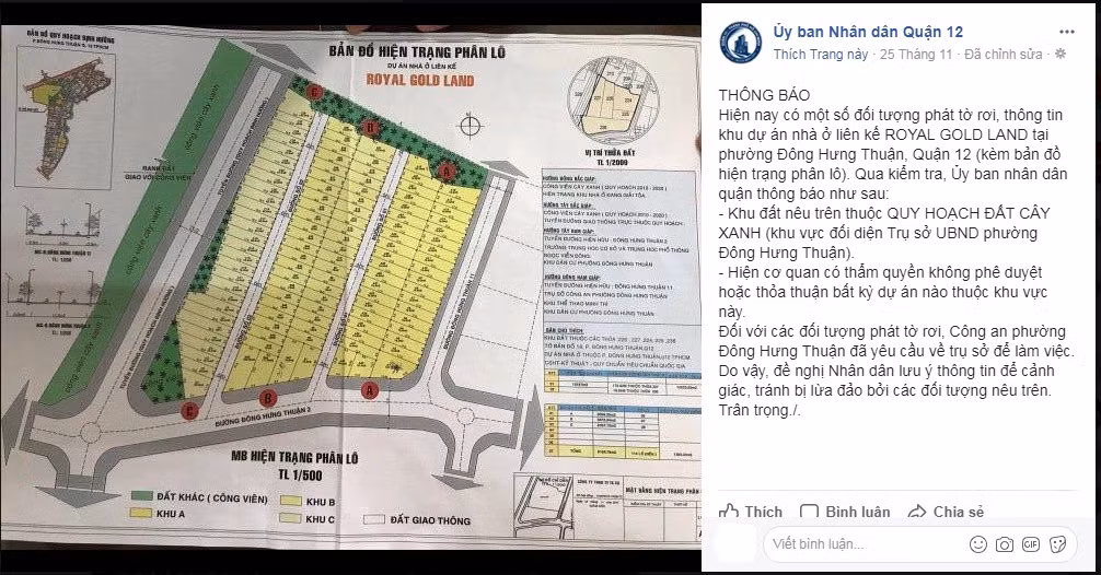 Hình ảnh bản đồ hiện trạng phân lô dự án Royal Gold Land được UBND Quận 12 đăng tải cùng thông báo. Ảnh chụp màn hình FB: Ủy ban Nhân dân Quận 12.