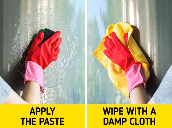 Làm sạch thiết bị có bề mặt thép: Tủ lạnh, lò vi sóng, bếp và một số thiết bị khác có bề mặt chất liệu thép rất dễ bị gỉ theo thời gian. Để loại bỏ chúng mà không ảnh hưởng tới thiết bị, bạn hãy thoa baking soda lên vết bẩn rồi chà mạnh bằng khăn tắm. Tiếp đó, dùng khăn ẩm để loại bỏ phần mạt thép, giúp vật dụng trở nên sáng bóng.