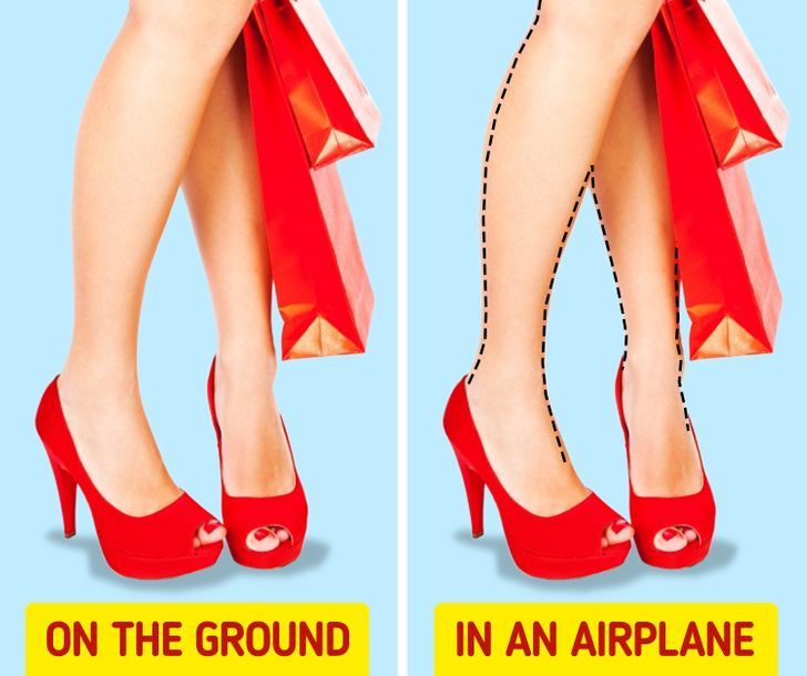 Chân có thể sưng lên: Khi ở trên máy bay, bạn không thể thoải mái đi lại và duỗi thẳng chân. Việc lười vận động sẽ dẫn đến tình trạng máu bị ứ đọng ở chân, điều này có thể gây sưng tấy và thậm chí đông máu. (Nguồn ảnh: Bright Side) 