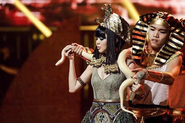 Trong đêm chung kết, Kim Cương thể hiện bản mashup “What is love - Dark horse”. Trong màn biểu diễn, cô còn mang cả trăn thật lên sân khấu. Ảnh: Fanpage