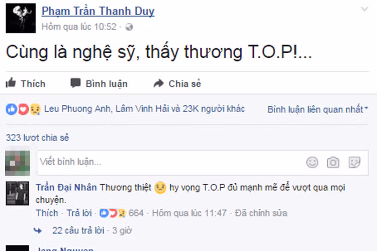 2 nam ca sĩ Thanh Duy Idol và Đại Nhân cảm thấy thương cho T.O.P và mong ngôi sao xứ Hàn này mạnh mẽ vượt qua khó khăn. Ảnh: chụp màn hình