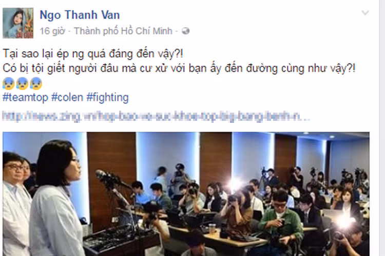 Trước scandal của T.O.P, nhiều sao Việt đã lên tiếng. Ngô Thanh Vân là một trong số đó. Cô bày tỏ rất thương ngôi sao xứ Hàn. "Tại sao lại ép người quá đáng đến như vậy. Có bị tội giết người đâu mà cư cử với bạn ấy đến đường cùng như vậy", Ngô Thanh Vân lên tiếng bảo vệ T.O.P. Ảnh: chụp màn hình