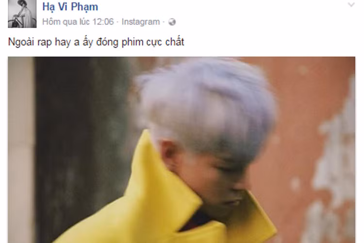 Là một fan của T.O.P, hot girl Hạ Vi đăng tải chia sẻ: "Ngoài rap hay, anh ấy đóng phim cực chất". Ảnh: chụp màn hình