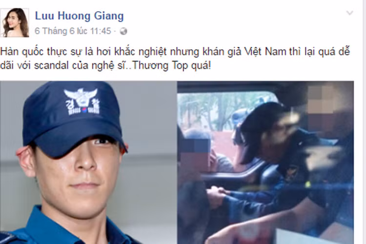 Về scandal của T.O.P, ca sĩ Lưu Hương Giang chia sẻ: "Hàn Quốc thực sự là hơi khắc nghiệt nhưng khán giả Việt Nam thì lại quá dễ dãi với scandal của nghệ sĩ. Thương T.O.P quá". Ảnh: chụp màn hình