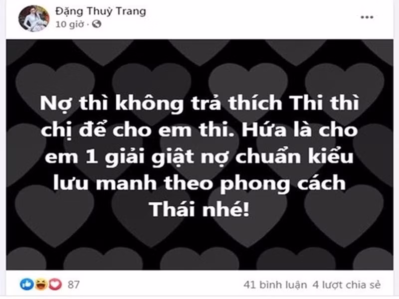 Lùm xùm giữa Thùy Trang và Thùy Tiên bị khơi lại vào năm 2021. Tháng 8/2021, khi Thùy Tiên chính thức trở thành đại diện Việt Nam tại cuộc thi Miss Grand International 2021 - Hoa hậu Hòa bình Quốc tế 2021, Thùy Trang viết trên trang cá nhân: "Nợ thì không trả thích thi thì chị để cho em thi. Hứa là cho em một giải giật nợ chuẩn kiểu lưu manh theo phong cách Thái nhé". Sau đó, khi Thùy Tiên thi Hoa hậu Hòa bình Quốc tế 2021, Thùy Trang liên tục viết status bóng gió. Ảnh chụp màn hình.