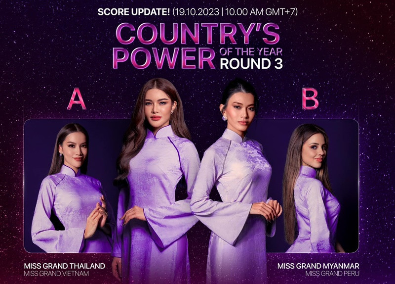 Giải Country's Power of the Year đang ở vòng bình chọn thứ 3. Đại diện Việt Nam đối đầu với đại diện Thái Lan. Đại diện Myanmar là đối thủ của đại diện Peru. Thí sinh giành chiến thắng giải thưởng này vào top 20 chung cuộc. Ảnh: Miss Grand International.