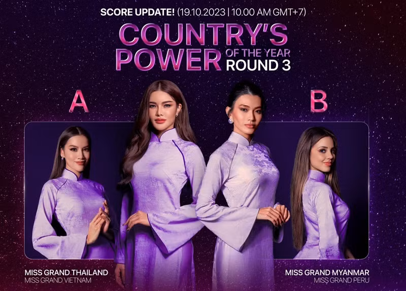 Giải Country's Power of the Year đang ở vòng bình chọn thứ 3. Đại diện Việt Nam đối đầu với đại diện Thái Lan. Đại diện Myanmar là đối thủ của đại diện Peru. Thí sinh giành chiến thắng giải thưởng này vào top 20 chung cuộc. Ảnh: Miss Grand International.