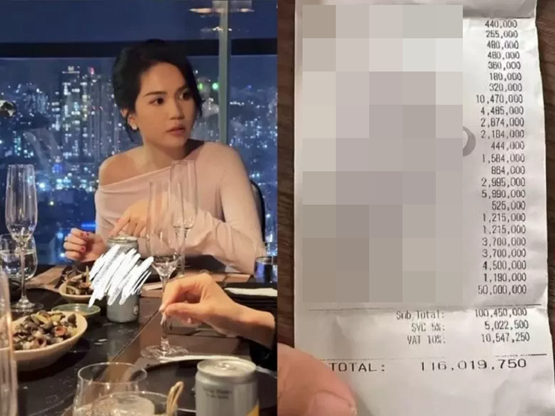 Tháng 6 vừa qua, "nữ hoàng nội y" Ngọc Trinh ăn tối cùng bạn bè tại một nhà hàng cao cấp. Hóa đơn bữa ăn lên tới 116 triệu. Ảnh: Người Đưa Tin.