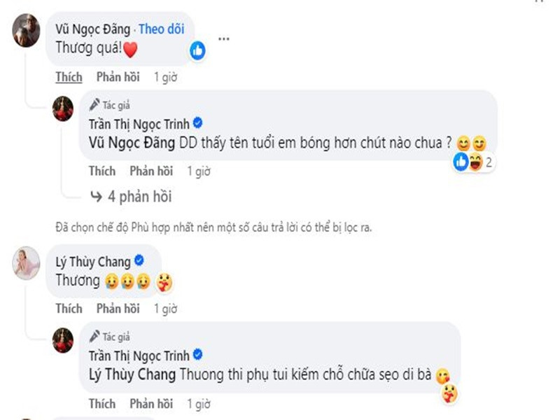 Dưới bài đăng, trò chuyện với đạo diễn Vũ Ngọc Đãng, Ngọc Trinh bày tỏ: “Đạo diễn thấy tên tuổi của em bóng hơn chút nào chưa?”. Ảnh chụp màn hình.