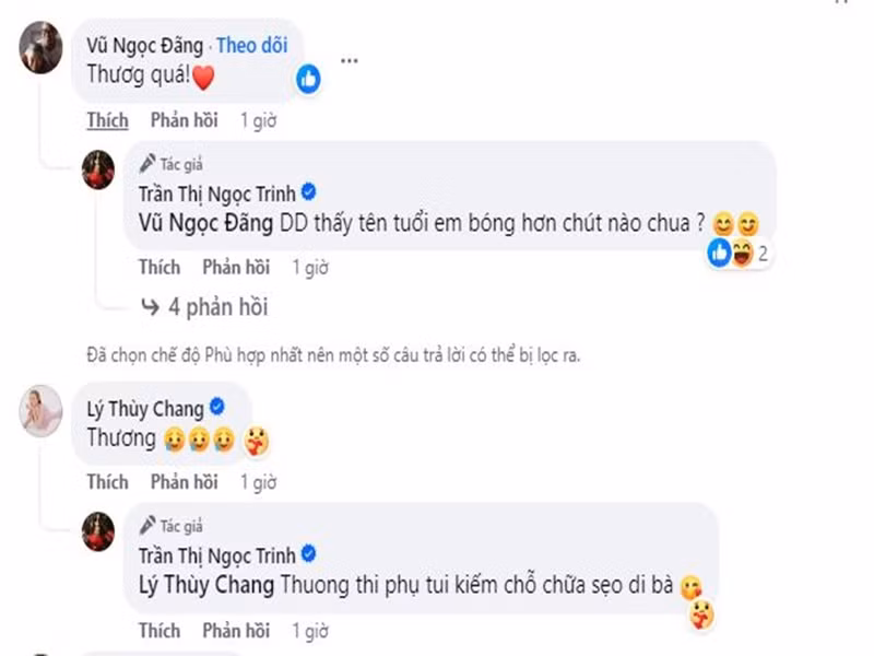 Dưới bài đăng, trò chuyện với đạo diễn Vũ Ngọc Đãng, Ngọc Trinh bày tỏ: “Đạo diễn thấy tên tuổi của em bóng hơn chút nào chưa?”. Ảnh chụp màn hình.