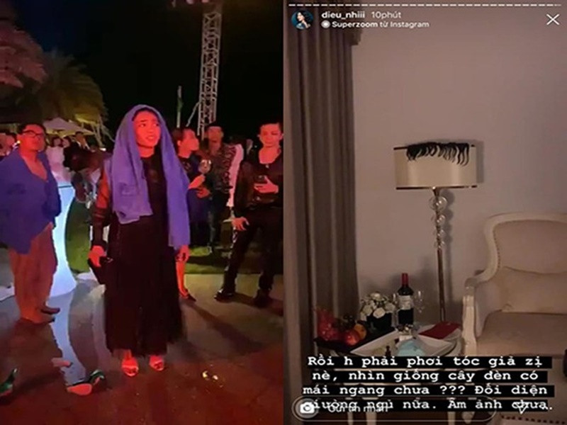 Trong tiệc cưới của Đông Nhi, diễn viên Diệu Nhi bị rơi tóc giả trong hồ bơi. Sau đó, cô phải phơi tóc giả ở cây đèn ngủ. Ảnh: Yeah1.