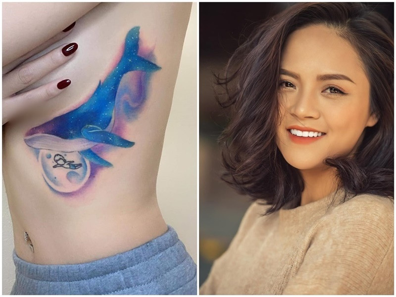 Năm 2021, cô khoe hình xăm cá heo xanh và em bé ở chân ngực.