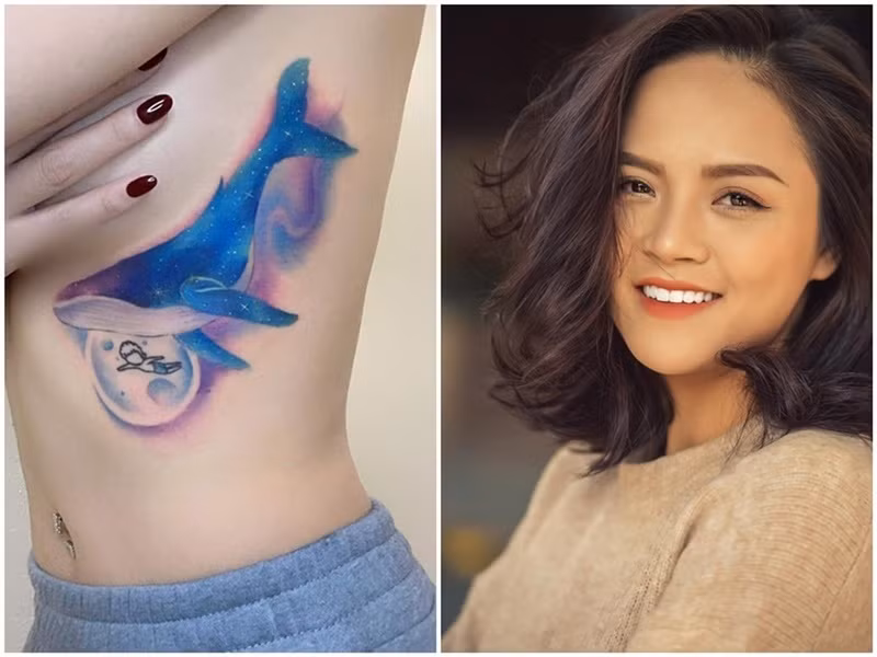 Năm 2021, cô khoe hình xăm cá heo xanh và em bé ở chân ngực.