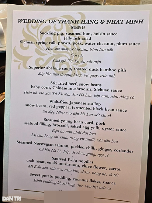 Thực đơn tiệc cưới của Thanh Hằng có nhiều món sơn hào hải vị. Ảnh: Dân Trí.