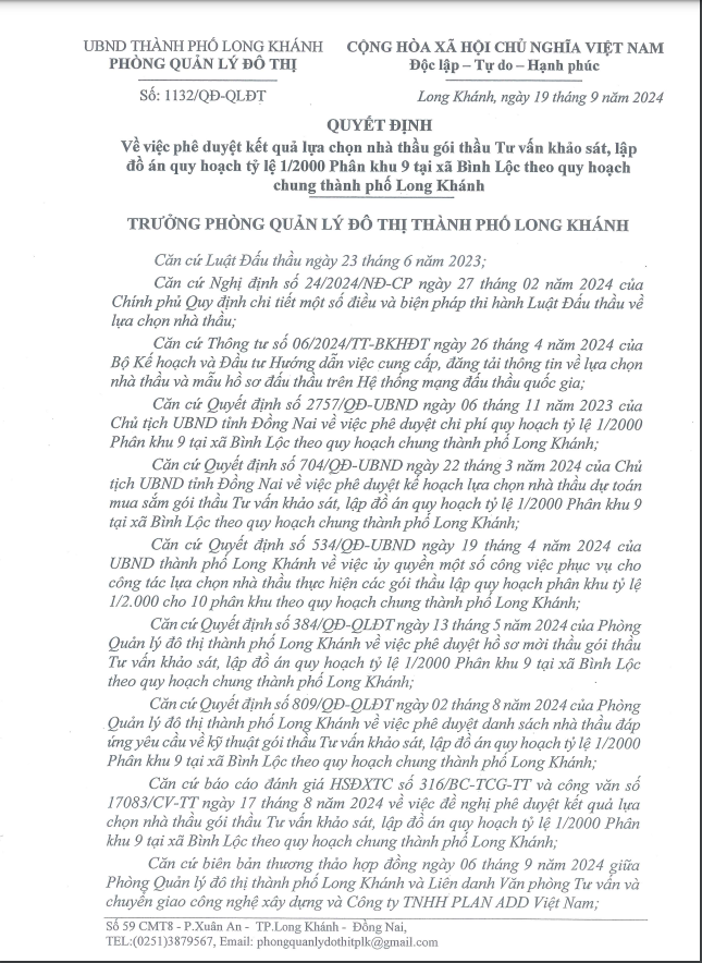 Dong Nai: Lien danh 2 nha thau trung goi lap do an QH 1/2000 phan khu 9