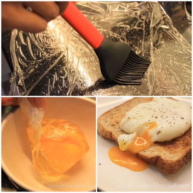 Bạn sẽ có món trứng chần tuyệt ngon và đơn giản bằng cách: rải màng bọc thực phẩm lên trên đĩa, quết chút dầu ăn, đổ trứng và gia vị lên trên. Sau đó gấp màng bọc lại và nhúng vào nước sôi trong vòng ba phút.