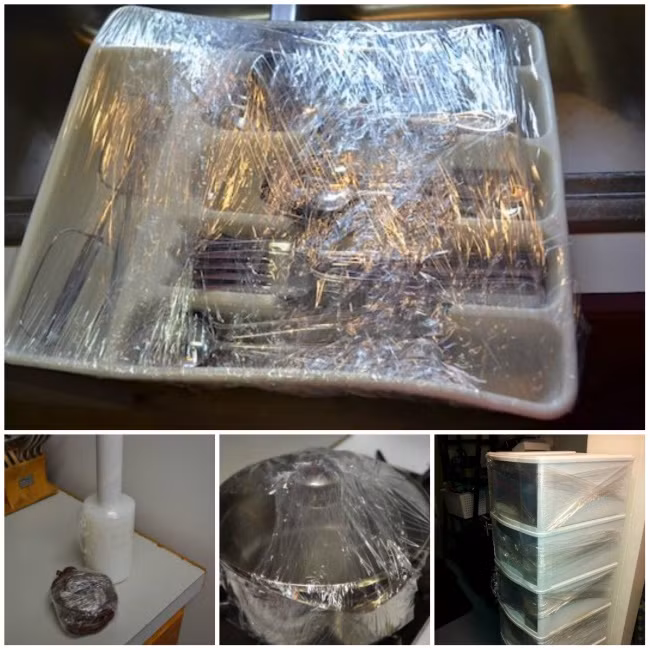 Thay vì dỡ toàn bộ đồ trong tủ hoặc ngăn kéo ra khi dọn nhà, bạn chỉ cần bọc chúng lại bằng màng bọc thực phẩm. Theo cách này, mọi vật dụng đều giữ nguyên vị trí như lúc ban đầu.