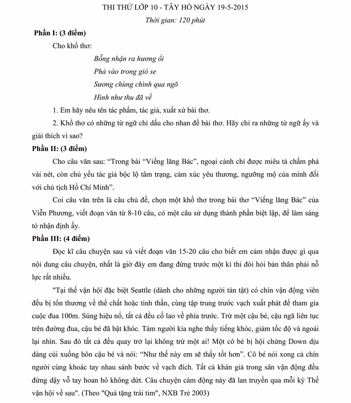 De thi thu vao lop 10 mon Ngu Van Q.Tay Ho nam 2015