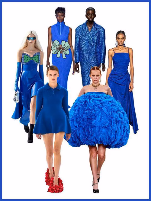 Một trong những màu sắc được yêu thích nhất là xanh coban. Trong hình là các thiết kế đến từ các thương hiệu nổi tiếng như Off-White, Valentino, Jason Wu, Undercover, Loewe, Alexander McQueen. Đánh giá về màu sắc này, chuyên gia thời trang cho biết mặc dù xanh coban là một tông màu tối, trầm tĩnh nhưng nó lại có thể mang đến cho người mặc vẻ ngoài tươi sáng, đầy năng lượng.