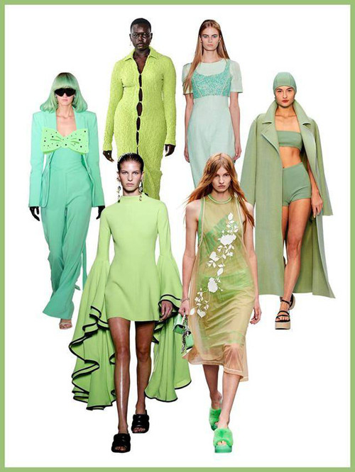 Đứng thứ tư trong bảng xếp hạng những màu được yêu thích nhất thời trang Xuân Hè 2023 là xanh lá cây. Nó được dùng cho các thiết kế của các thương hiệu như Regina Pyo, Paul &amp; Joe, Max Mara, Fendi, Proenza Schouler, Prabal Gurung.