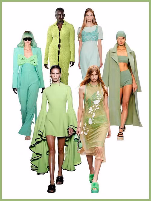 Đứng thứ tư trong bảng xếp hạng những màu được yêu thích nhất thời trang Xuân Hè 2023 là xanh lá cây. Nó được dùng cho các thiết kế của các thương hiệu như Regina Pyo, Paul &amp; Joe, Max Mara, Fendi, Proenza Schouler, Prabal Gurung.