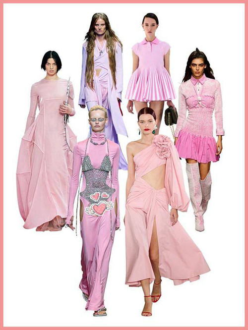 Màu hồng đứng thứ 3 trong bảng xếp hạng gam màu được yêu thích thời trang Xuân Hè 2023. Nó xuất hiện với tần suất khá dày trong bộ sưu tập thời trang của Blumarine, Loewe, MSGM, Carolina Herrera, Burberry, Acne Studios.