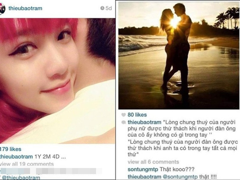 Trước khi hẹn hò Matthis, Thiều Bảo Trâm vướng tin đồn yêu Sơn Tùng M-TP. Năm 2014, nữ ca sĩ đăng ảnh bên bạn trai giấu mặt kèm chú thích kỷ niệm 1 năm 2 tháng 4 ngày hẹn hò. Nhiều cư dân mạng đặt nghi vấn người đàn ông trong ảnh là Sơn Tùng M-TP. Ảnh: Znews.