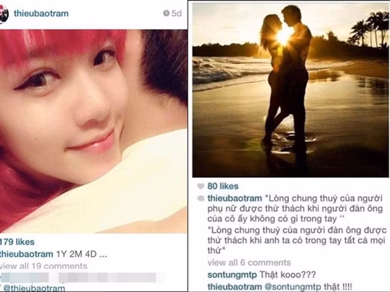 Trước khi hẹn hò Matthis, Thiều Bảo Trâm vướng tin đồn yêu Sơn Tùng M-TP. Năm 2014, nữ ca sĩ đăng ảnh bên bạn trai giấu mặt kèm chú thích kỷ niệm 1 năm 2 tháng 4 ngày hẹn hò. Nhiều cư dân mạng đặt nghi vấn người đàn ông trong ảnh là Sơn Tùng M-TP. Ảnh: Znews.