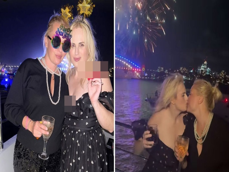 Rebel Wilson và bạn đời của cô - Ramona Agruma khoá môi trong khoảnh khắc giao thừa. Cặp đôi đồng giới đã tổ chức hôn lễ cách đây ít ngày. Ảnh: Instagram Rebel Wilson.