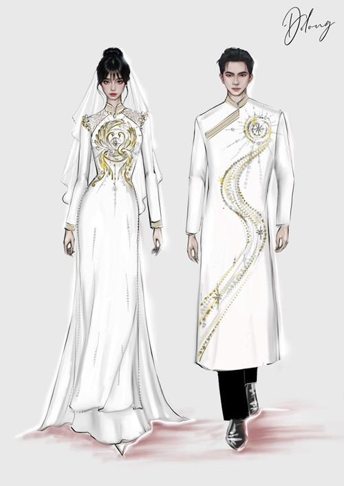 Đỗ Long là nhà thiết kế áo dài cho Phương Nhi và chồng thiếu gia. Trên trang cá nhân, Đỗ Long cho biết, ê-kíp của anh đã sử dụng hơn 200 viên đá Swarovski các loại để thêu đính kết hơn 100 giờ cho hai chiếc áo dài. Ảnh: FB Đỗ Long.