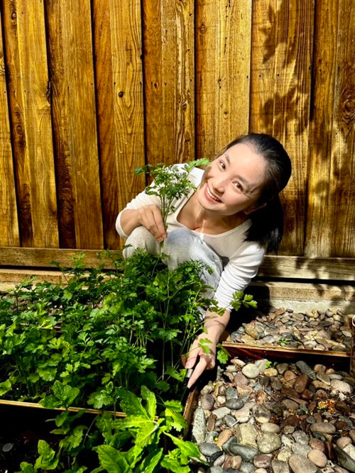 Diệu Hương viết: "Trộm vía rộng rãi nên nhà mình trồng hoa và rau quả. Mỗi ngày chăm cây bận mà vui".