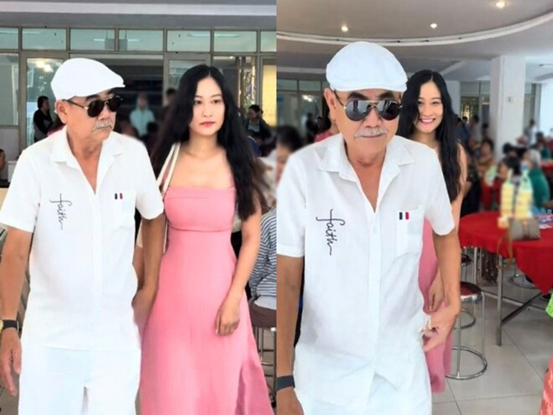 Cặp đôi chênh nhau gần 40 tuổi nắm tay tình tứ tại một sự kiện cách đây ít ngày. Ảnh: Phụ Nữ Pháp Luật.