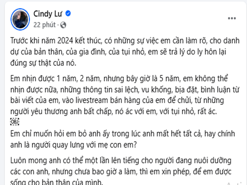 Trên trang cá nhân, Bảo Ngọc cho biết, cô lên tiếng về lý do thực sự ly hôn sau thời gian dài bị đồn thất thiệt. "Em chỉ muốn hỏi, em bỏ anh ấy trong lúc anh mất hết tất cả hay chính anh là người quay lưng với mẹ con em", vợ cũ Hoài Lâm viết. Ảnh: FB Bảo Ngọc.