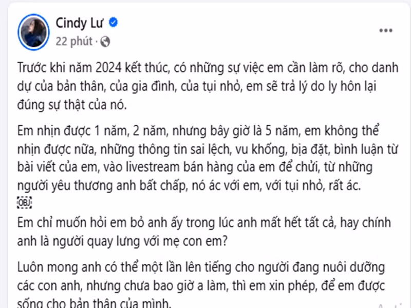 Trên trang cá nhân, Bảo Ngọc cho biết, cô lên tiếng về lý do thực sự ly hôn sau thời gian dài bị đồn thất thiệt. "Em chỉ muốn hỏi, em bỏ anh ấy trong lúc anh mất hết tất cả hay chính anh là người quay lưng với mẹ con em", vợ cũ Hoài Lâm viết. Ảnh: FB Bảo Ngọc.