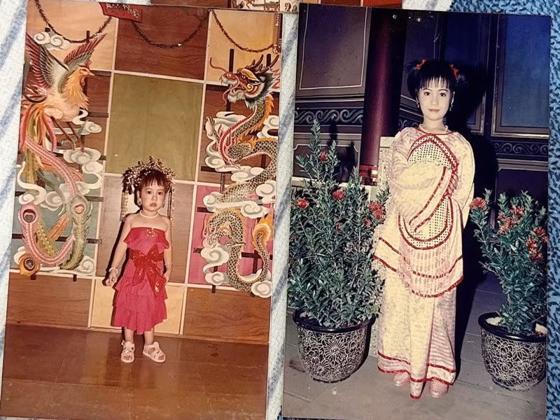 Hồng Loan khoe ảnh ngày nhỏ. Cô luôn khẳng định bản thân là con ruột của nghệ sĩ Vũ Linh. "Tôi là con của ba tôi, trong giấy khai sinh không ghi tôi là con nuôi hay con ruột. Cha tôi chưa hề nói tôi là con nuôi”, Hồng Loan cho hay. Ảnh: FB Hồng Loan.