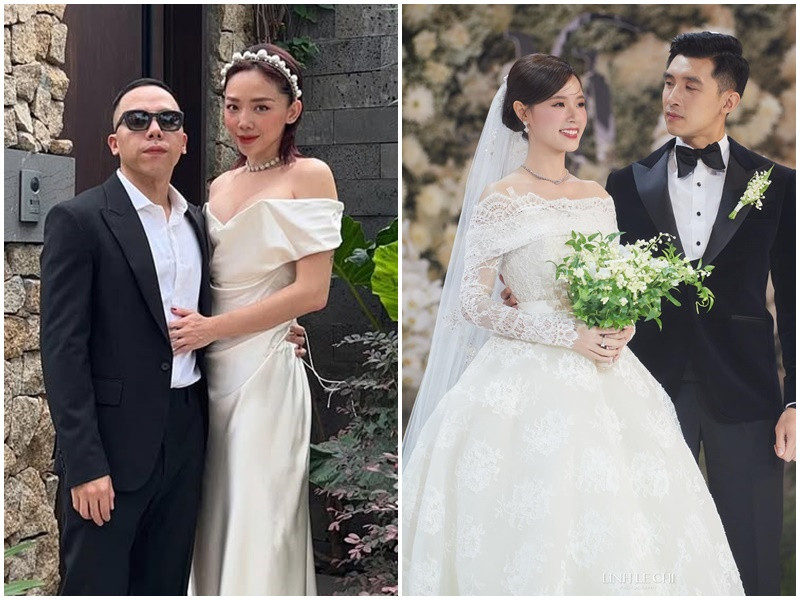 Midu kết hôn năm 2024 với thiếu gia Minh Đạt còn Tóc Tiên lên xe hoa với Hoàng Touliver vào năm 2020. Ảnh: FB Midu, Tóc Tiên.