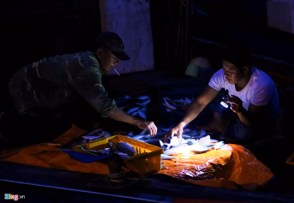 Các loại hải sản được phân loại ngay tại thuyền rồi cho vào các khay nhựa để đưa lên bờ bán cho tiểu thương. Mỗi khay cá có thể nặng đến 40 kg. Một người có thể đội hàng chục khay nhựa đầy ắp cá, tôm.