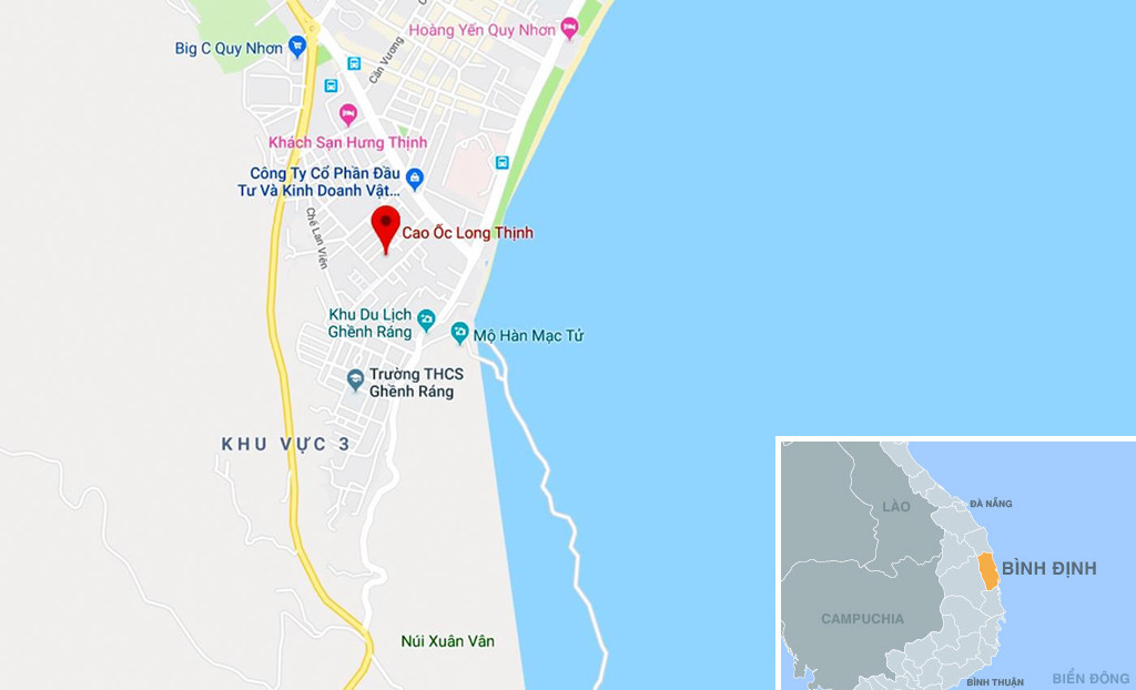 Chung cư dành cho người thu nhập thấp Long Thịnh (mũi tên đỏ, TP Quy Nhơn). Ảnh: Google Maps.