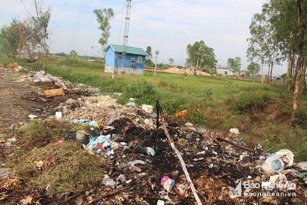 Bãi tập kết rác "khổng lồ" được tập kết ngay khu vực giữa đồng của xã Quỳnh Thanh, Quỳnh Lưu hàng ngày gây ô nhiễm môi trường nghiêm trọng cho một số dân cư cả xã Quỳnh Thanh và Quỳnh Thạch. Không chỉ ở đồng ruộng, rác thải đổ vùi lấp cả kênh mương ở xã Quỳnh Thanh. Ảnh: P.V