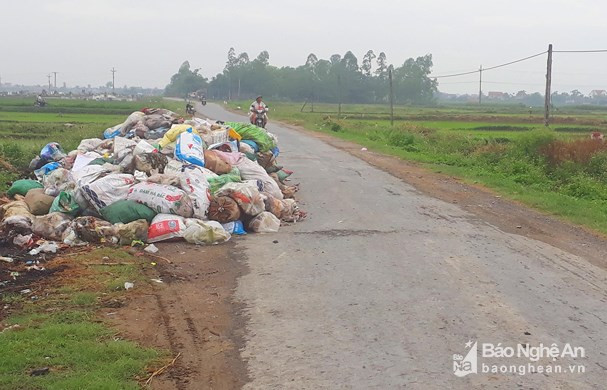 Rác thải do người dân tập kết trên đường xuống xã An Hòa (Quỳnh Lưu). Ảnh: P.V.