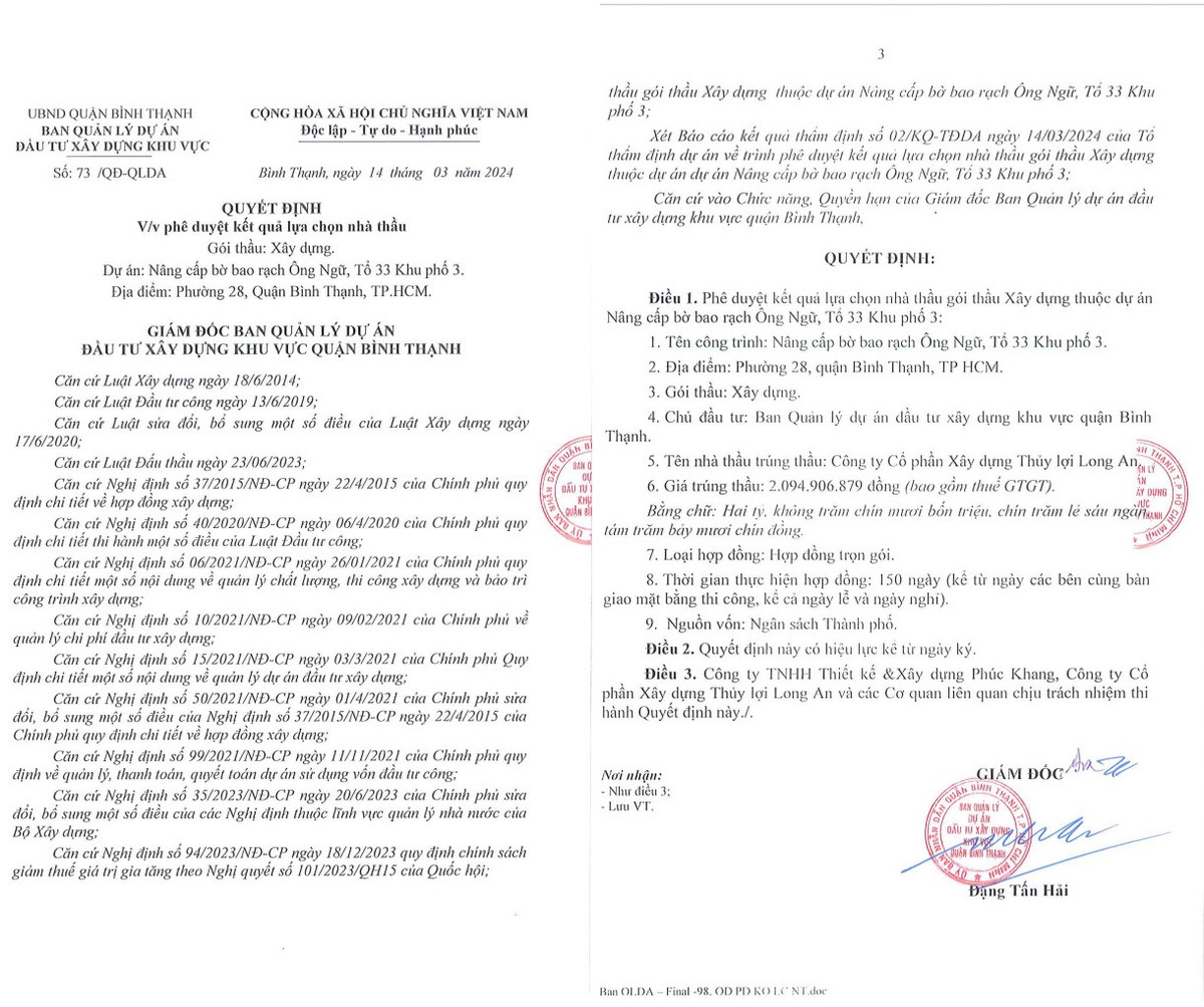 Thủy Lợi Long An - 1 ngày trúng 05 gói thầu tại quận Bình Thạnh Thuy Loi Long An - 1 ngay trung 05 goi thau tai quan Binh Thanh